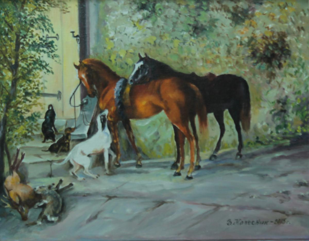 Картина лошади у крыльца художник Колесник В.Н. раздел Животный мир алаприма